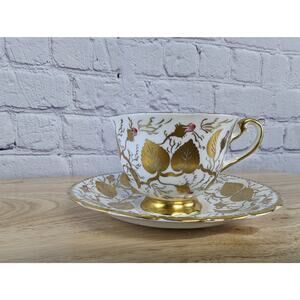 Royal Chelsea English Bone China Tea Cup and Saucer Gold Leaf and Pink Flower